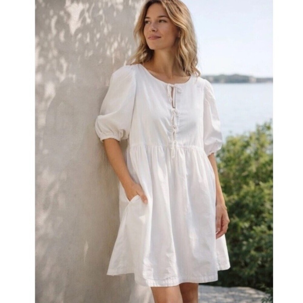 LAKE White Cotton Poplin Tripe Tie Cottage Core Babydoll Dress Women's Size Med